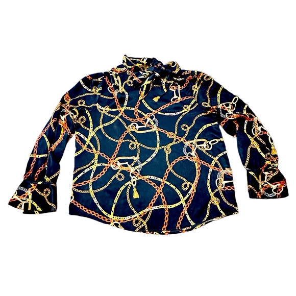 Worthington Tops - WORTHINGTON BRAND CHAIN PRINT BLOUSE W/3 BUTTON NECKLINE AND ATTACHED TIE.